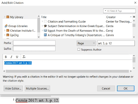 Using the Zotero edit citation dialog to relink a citation to live Zotero data