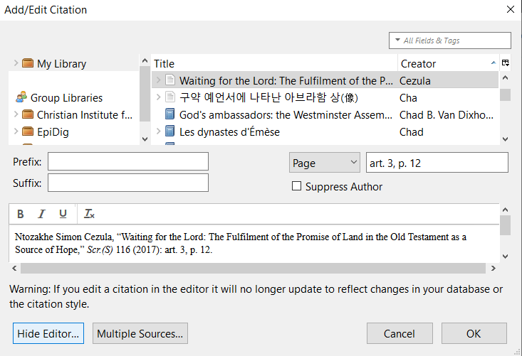 Zotero edit citation dialog with the manual editor shown