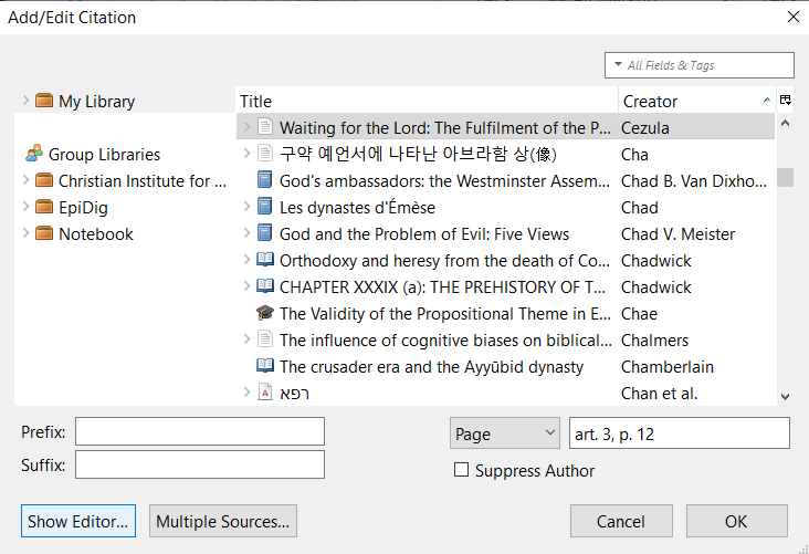 Zotero classic edit citation dialog